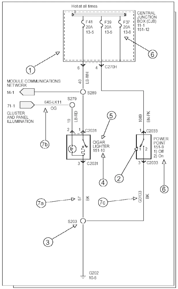 Circuit schematic with current-flow, splice and component reference callouts 1–7 · source reference 6221