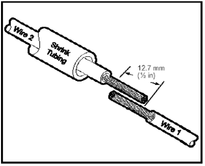 Soldered wire splice and shrink tubing placement, 12.7 mm (½ in) · source reference 6235